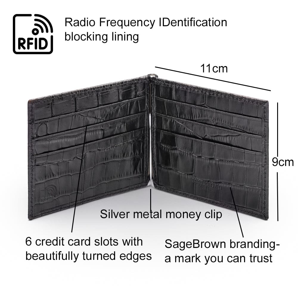 Leather money clip wallet, black croc, features