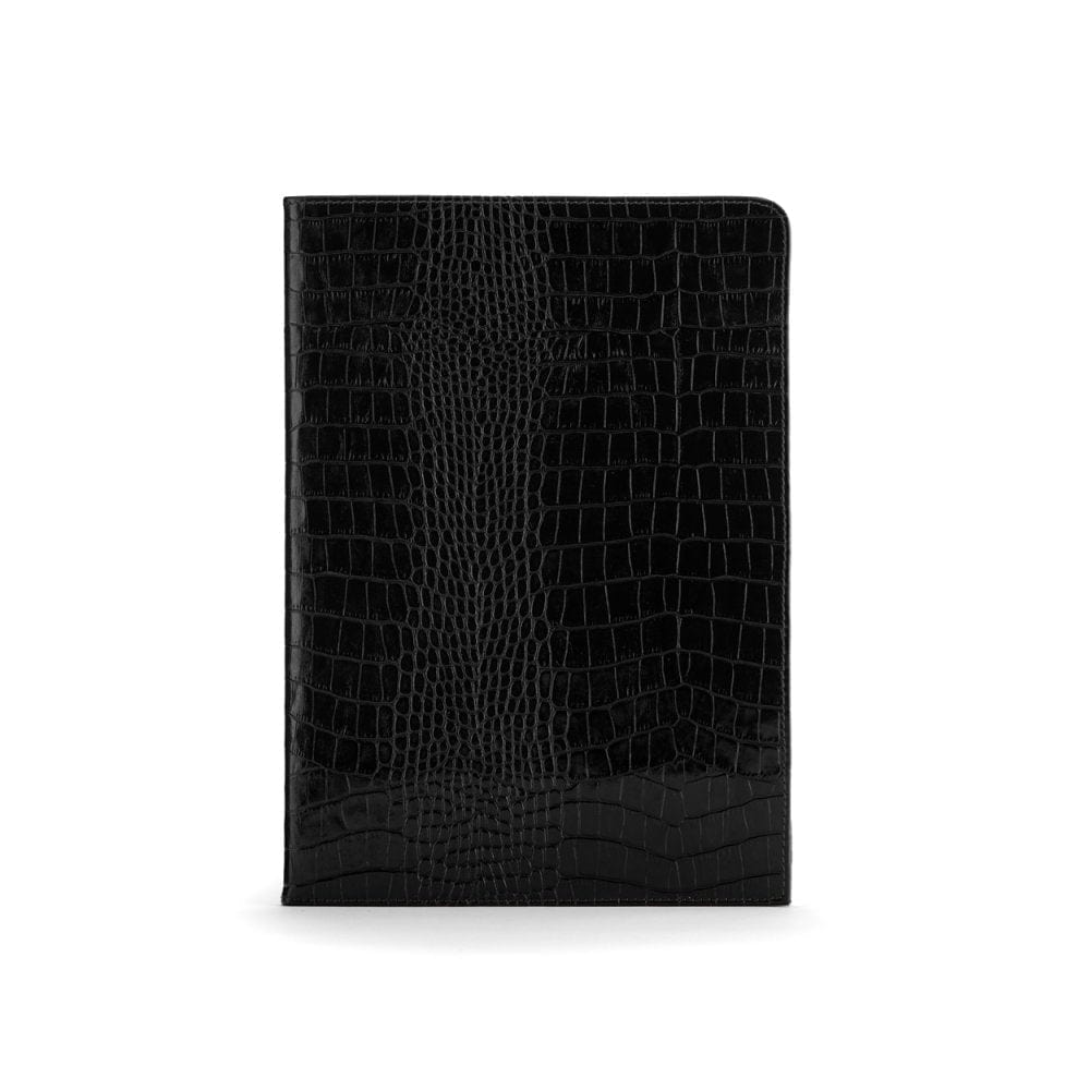 Simple leather document folder, black croc, front