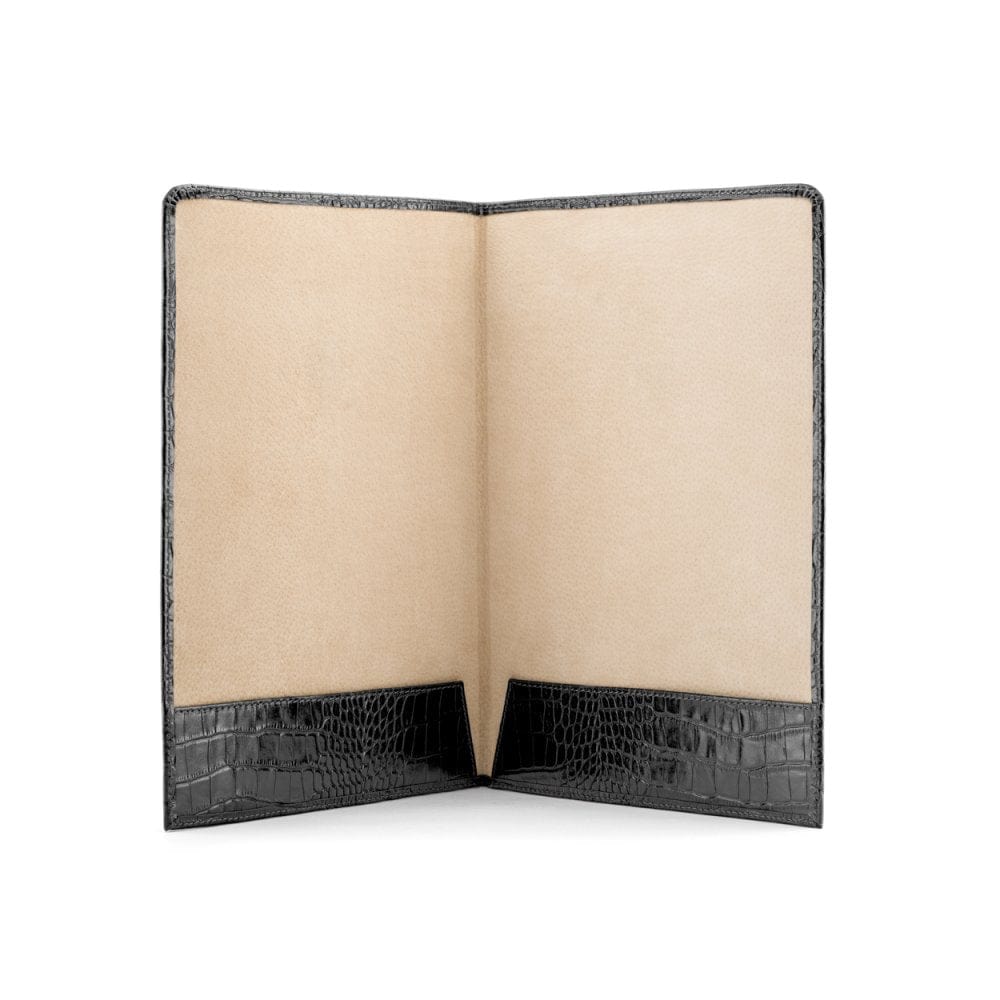 Simple leather document folder, black croc, open