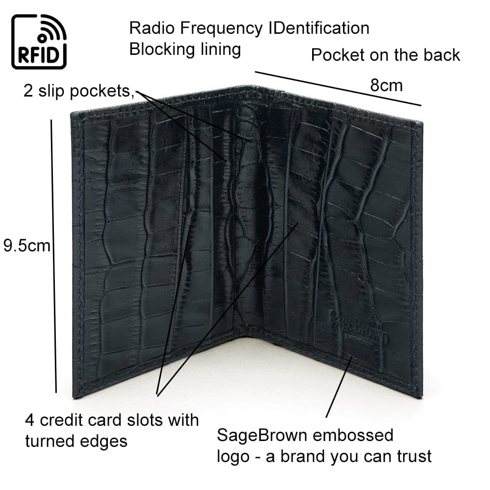 RFID leather credit card holder, black croc, features