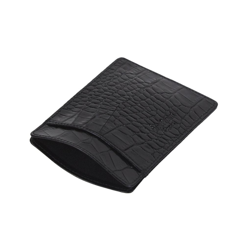 Flat leather credit card holder, black croc, open