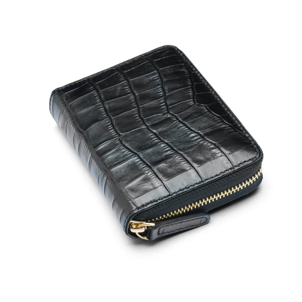 Small leather zip around accordion coin purse, black croc, front