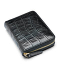 Small leather zip around accordion coin purse, black croc, front