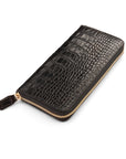 Tall leather zip around accordion purse, black croc, front
