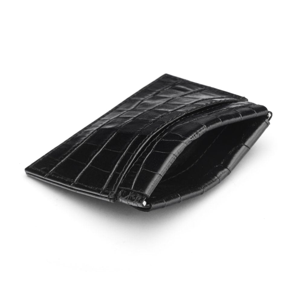 Leather squeeze spring coin purse, black croc, open