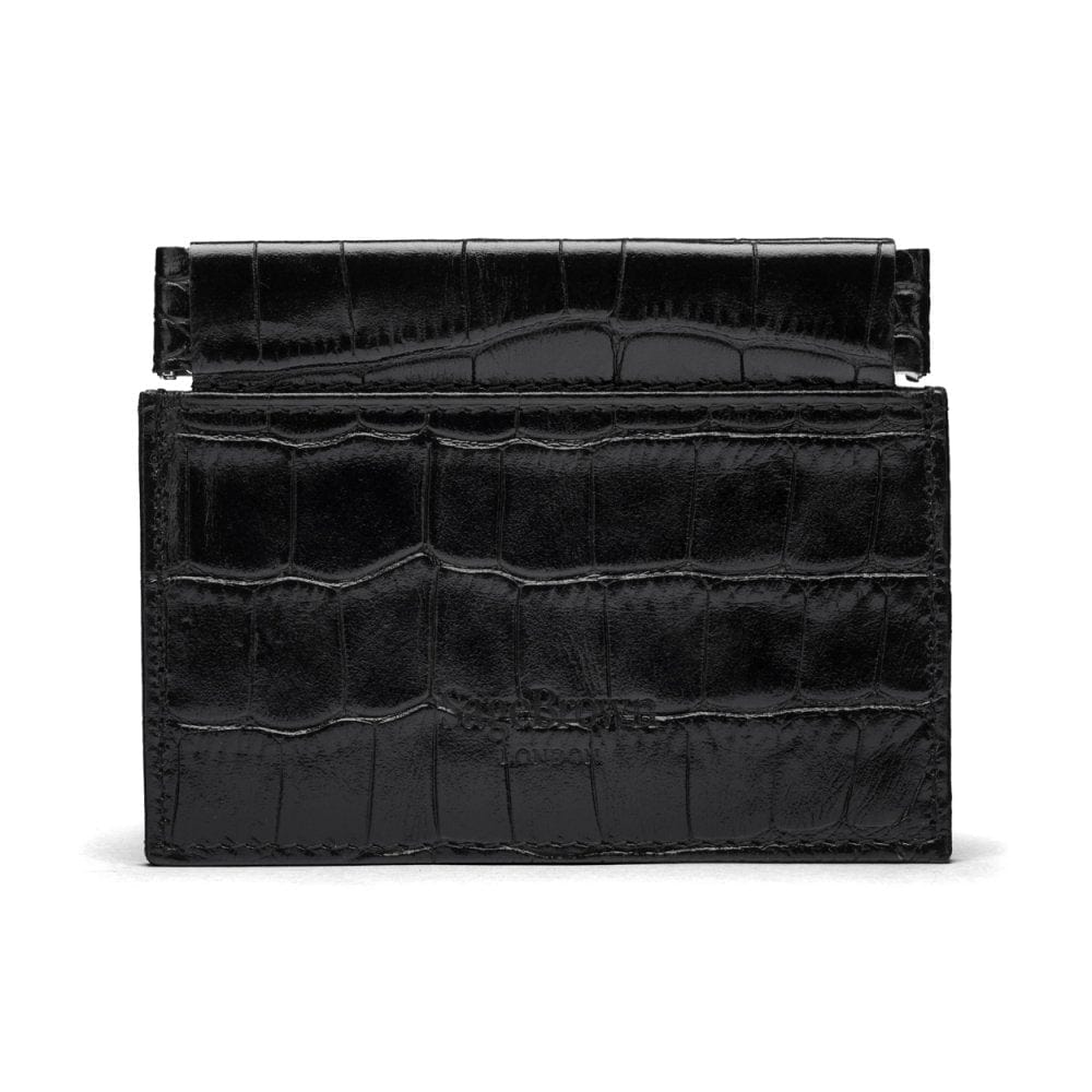 Leather squeeze spring coin purse, black croc, back