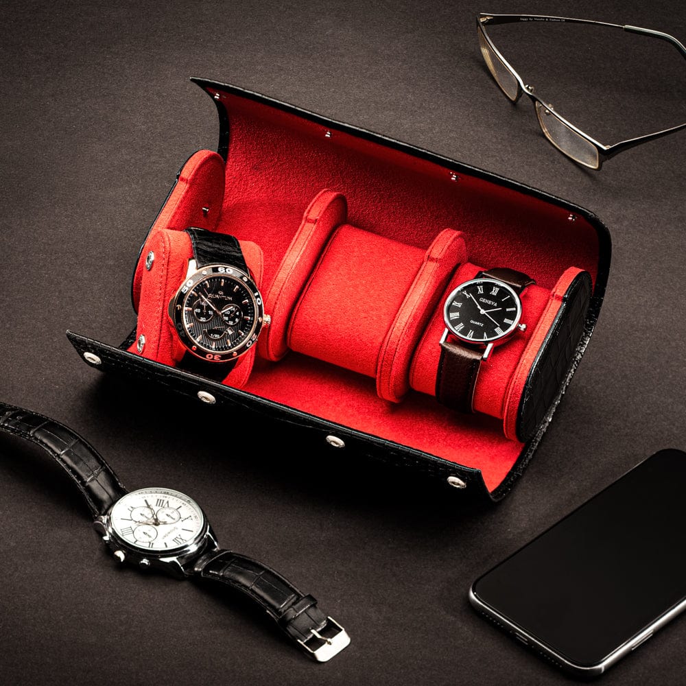 Triple watch roll, black croc, lifestyle