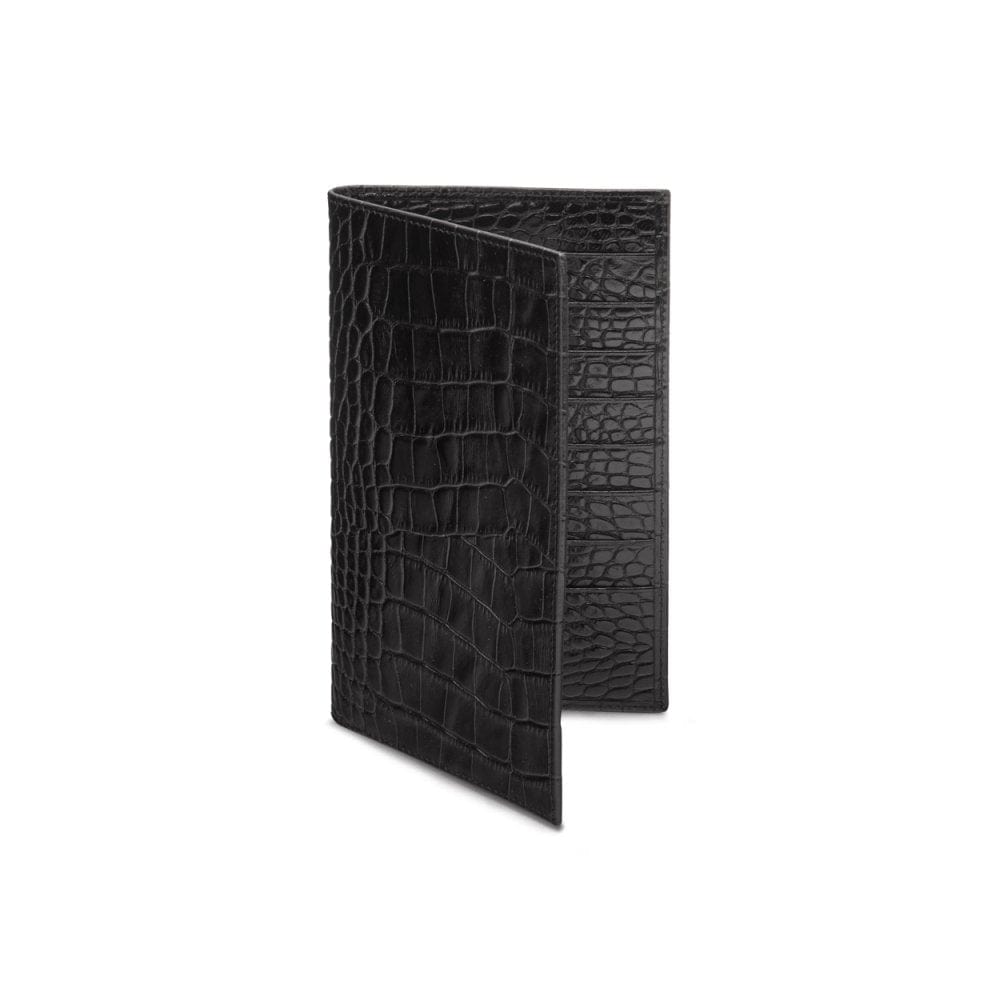 Slim tall leather suit wallet, black croc, front