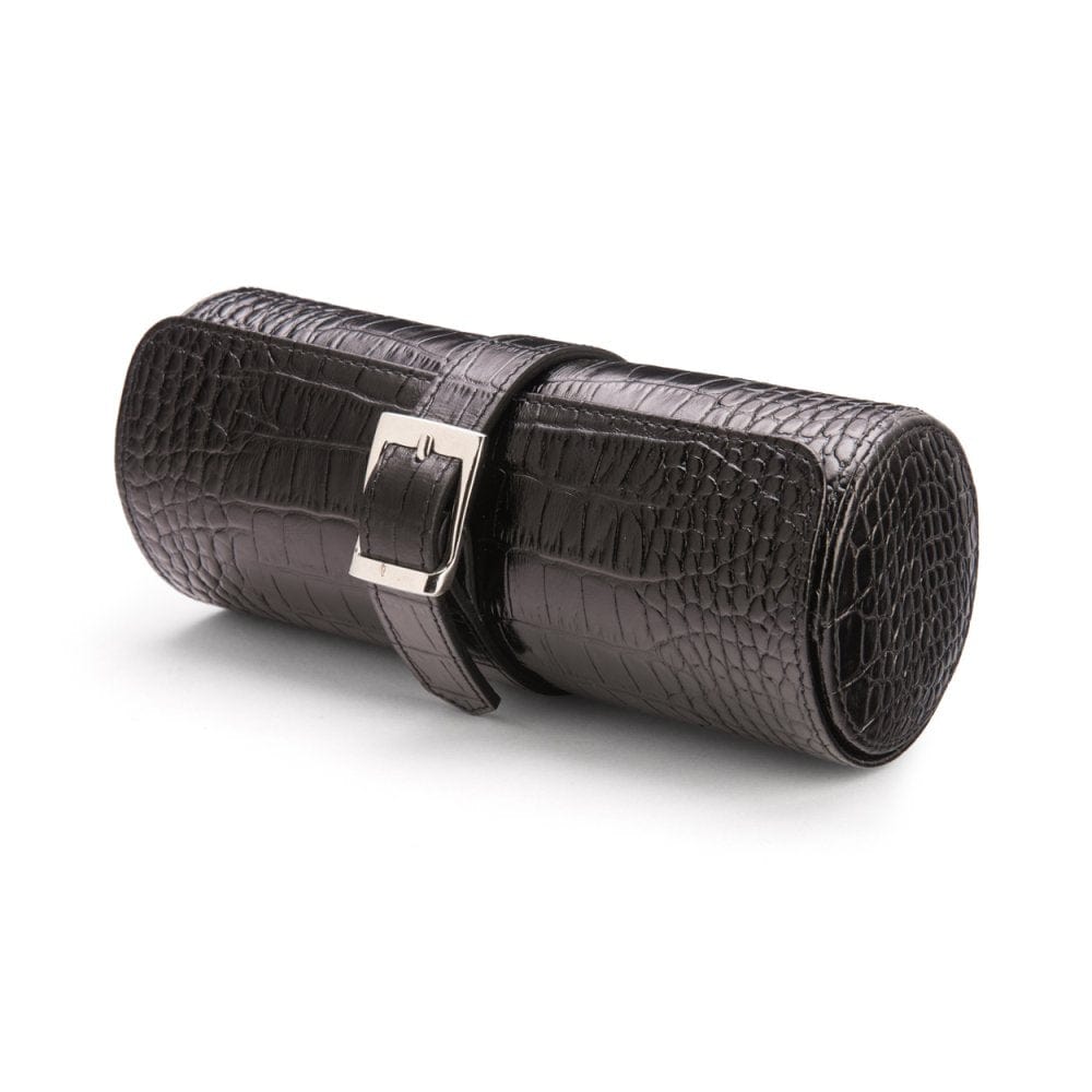 Large leather watch roll, black croc with cobalt, front
