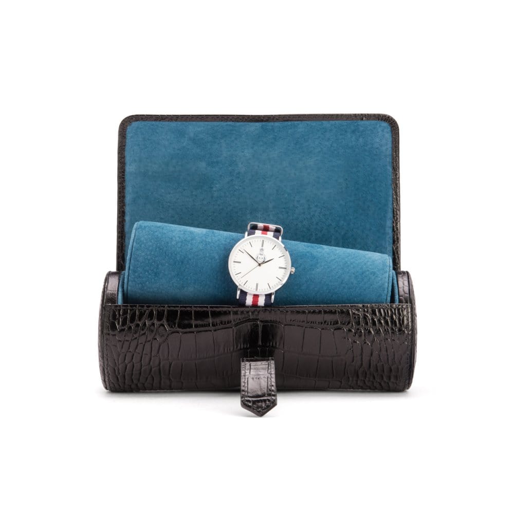 Large leather watch roll, black croc with cobalt, open
