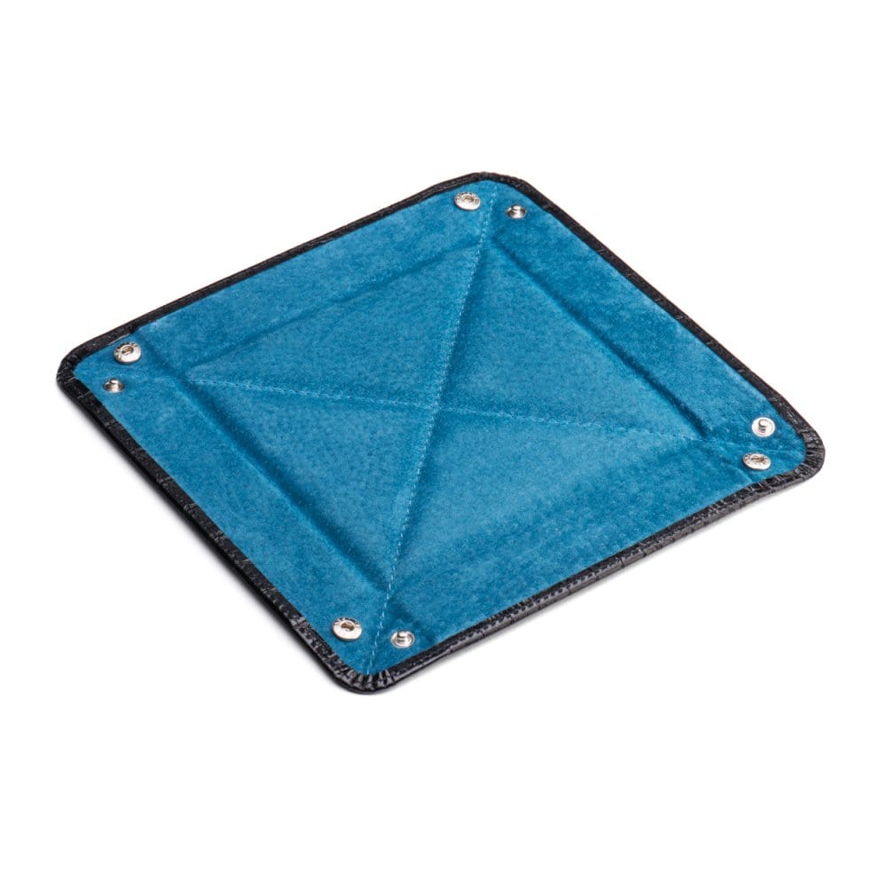 Leather valet tray, black croc with cobalt, flat