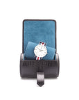 Small leather watch roll, black croc with cobalt, inside