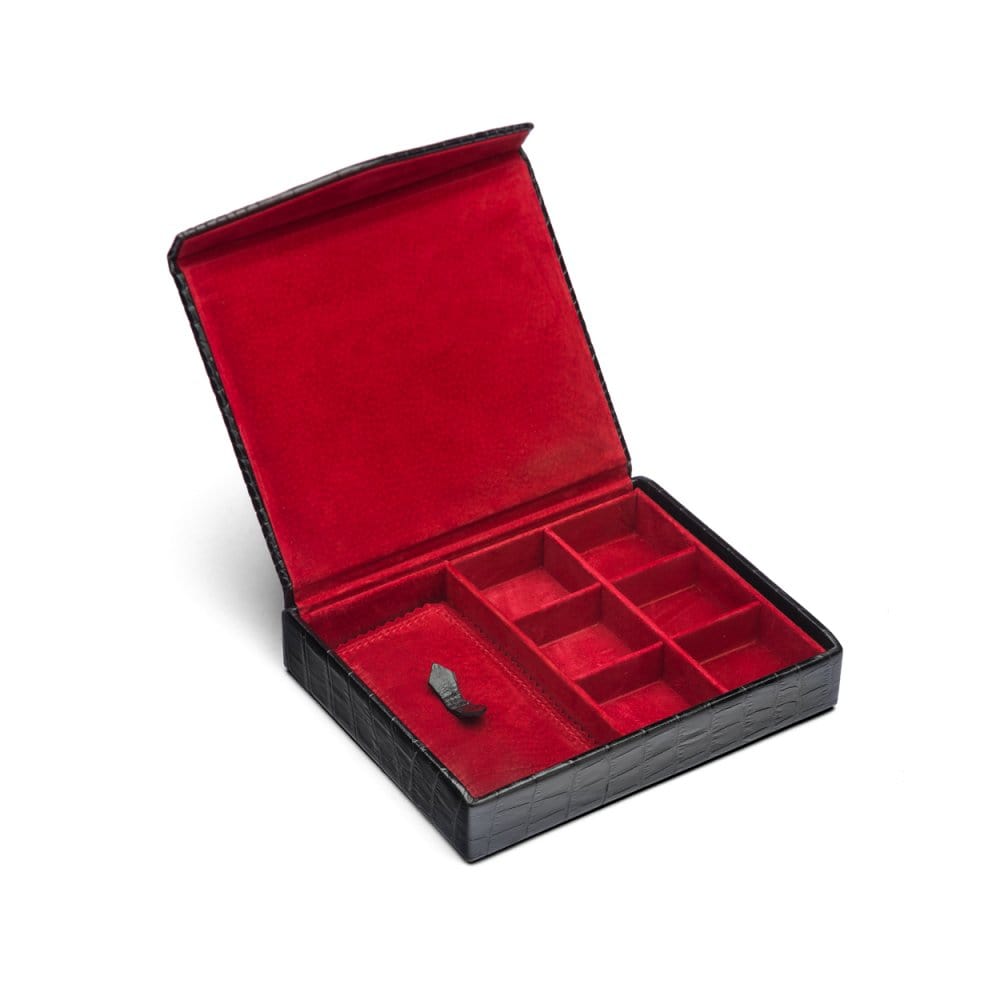 Large leather accessory box, black croc, open