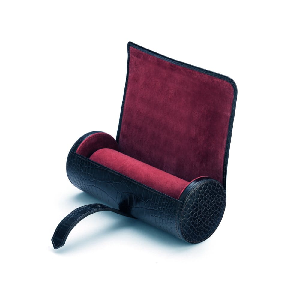 Large leather watch roll, black croc with red, inside