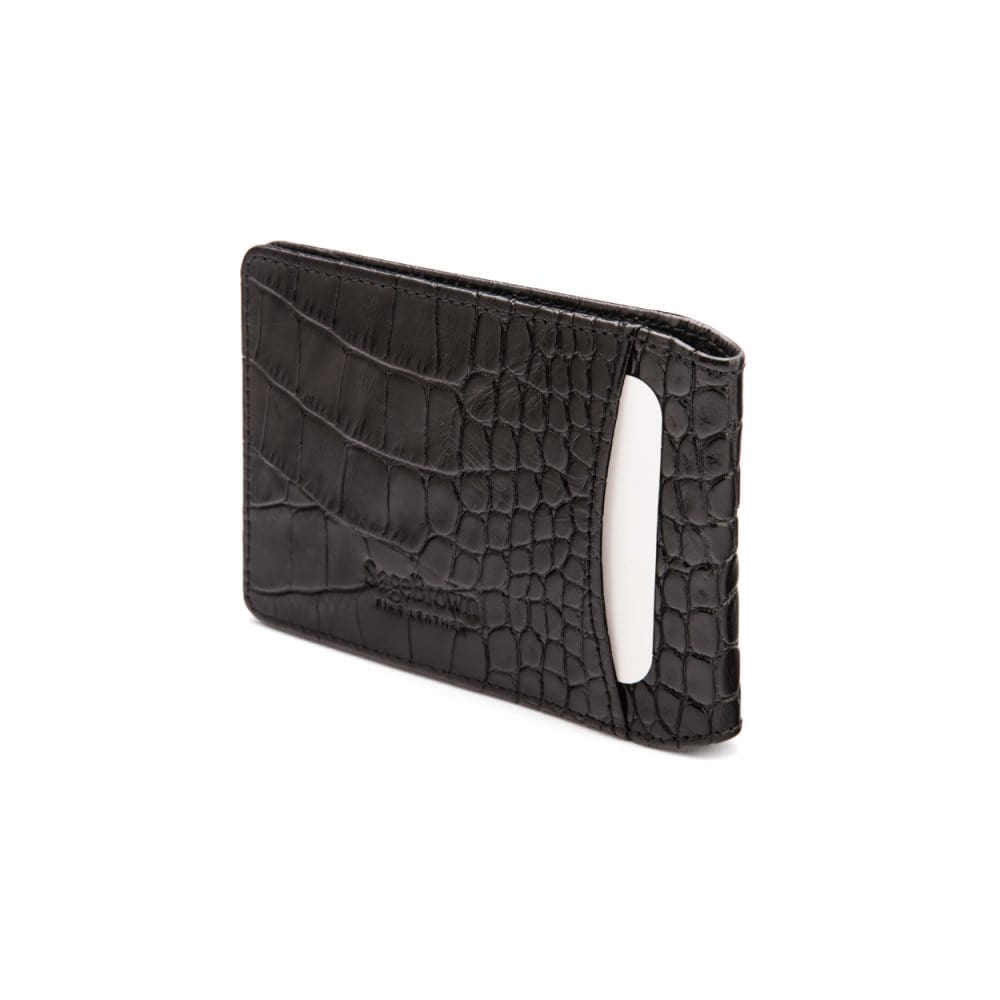 Leather Oyster card holder, black croc with red, back