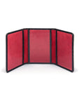 Leather tri-fold travel card holder, black croc with red, open