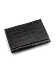 Leather tri-fold travel card holder, black croc with red, front