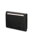 Leather tri-fold travel card holder, black croc with red, back