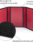 Leather tri-fold travel card holder, black croc with red, features