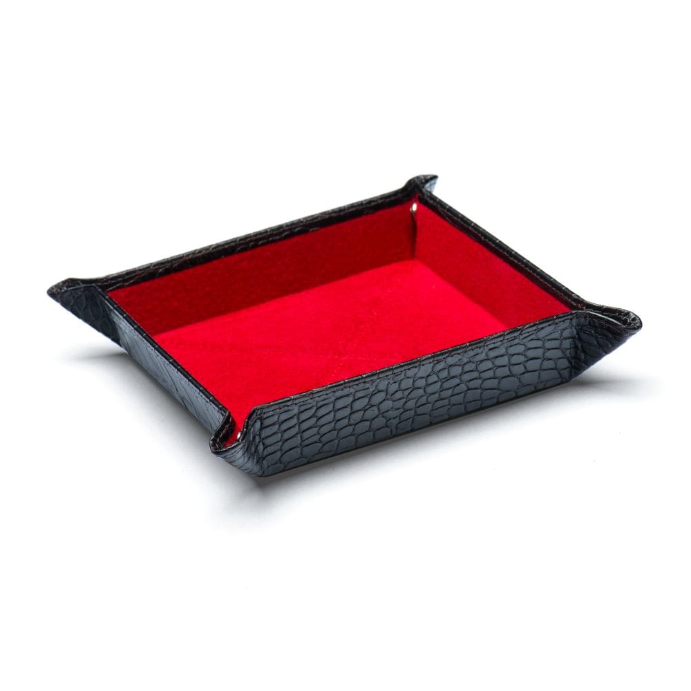 Leather valet tray, black croc with red