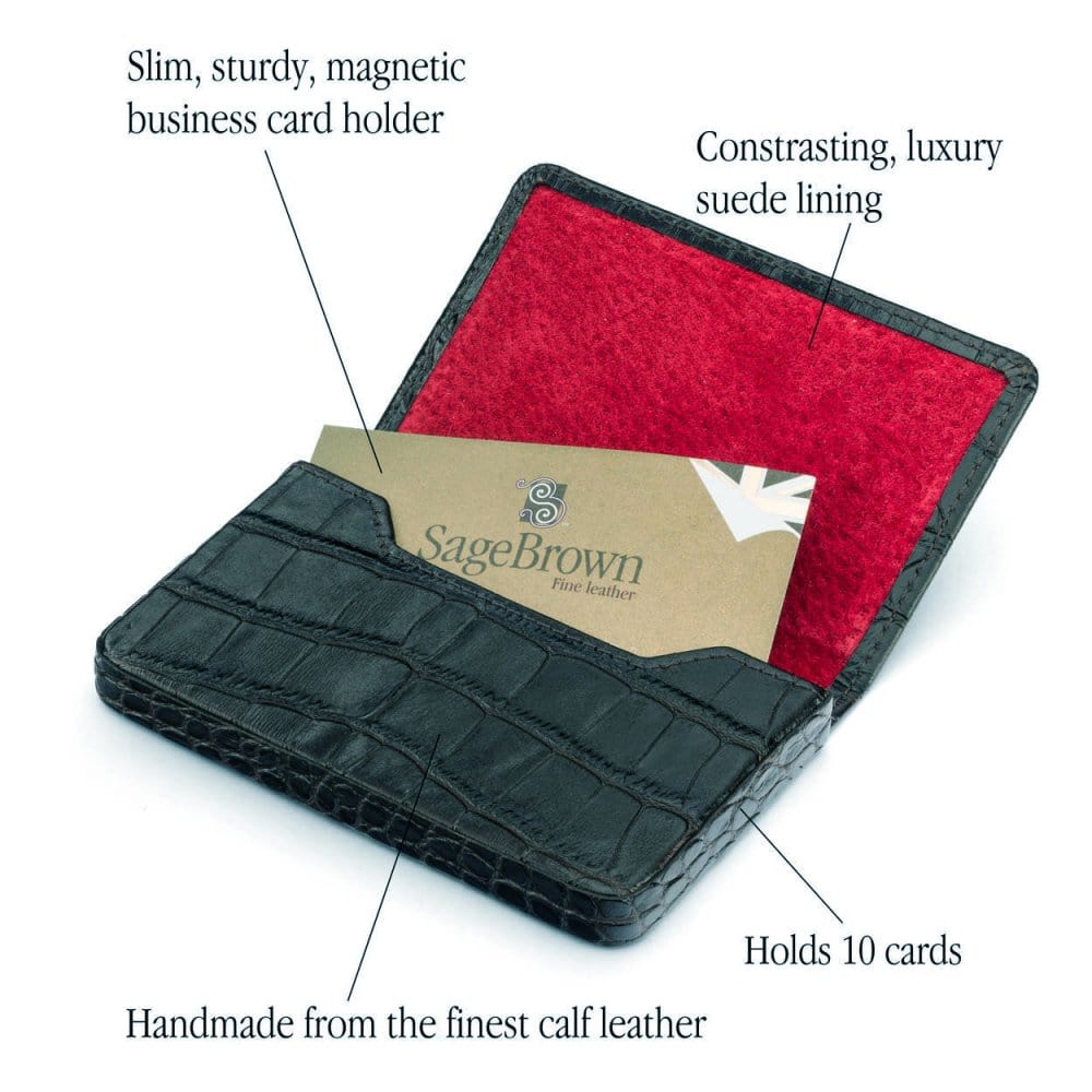 Leather business card holder with magnetic closure, black croc with red, features