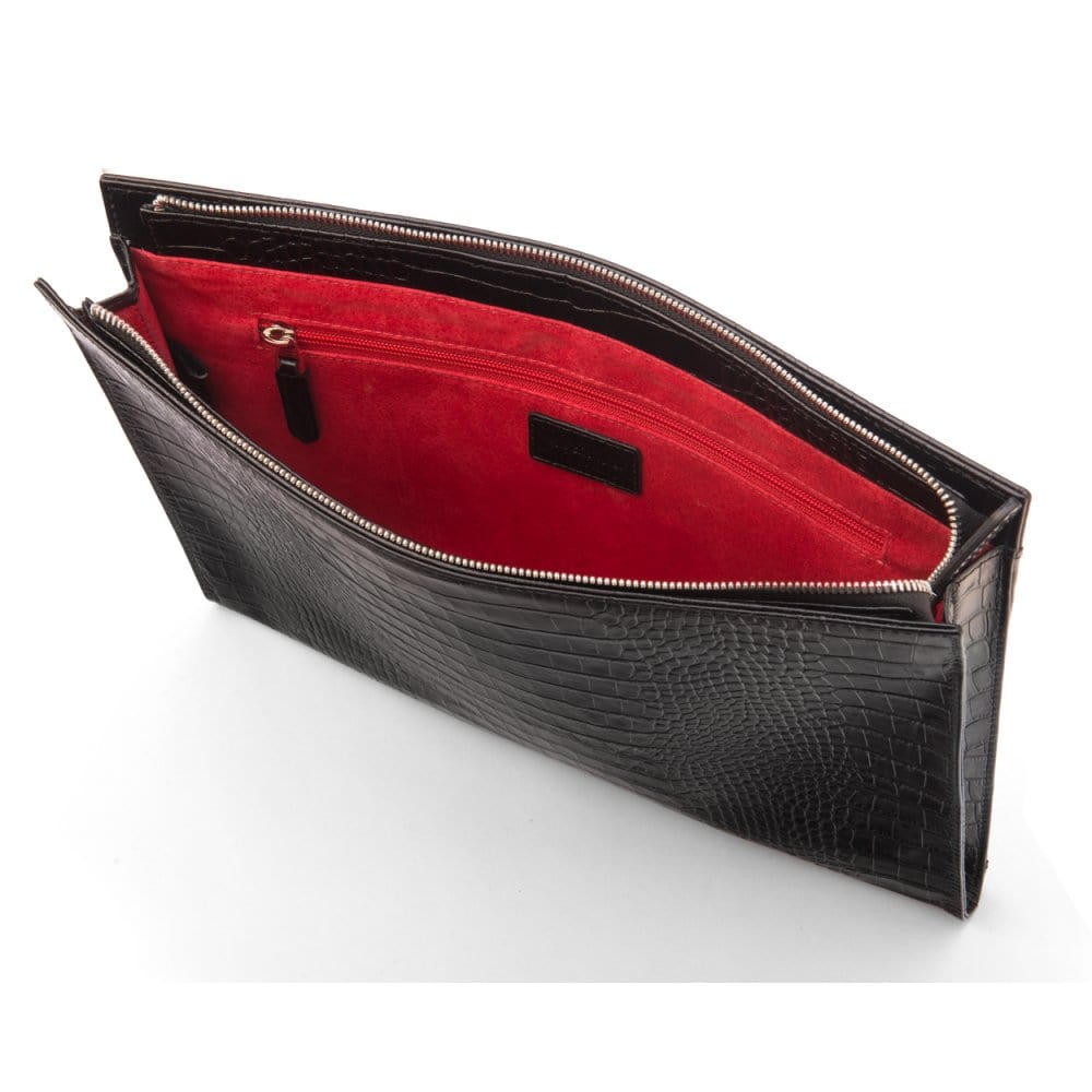 Zip top leather folder, black croc, inside view