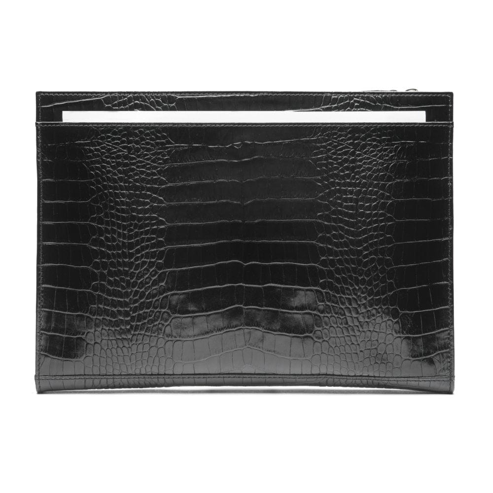 Zip top leather folder, black croc, front view