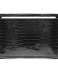 Zip top leather folder, black croc, front view