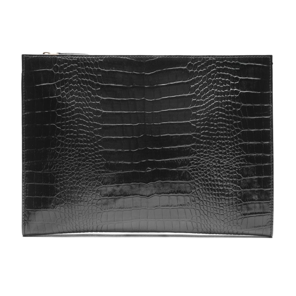 Zip top leather folder, black croc, back view