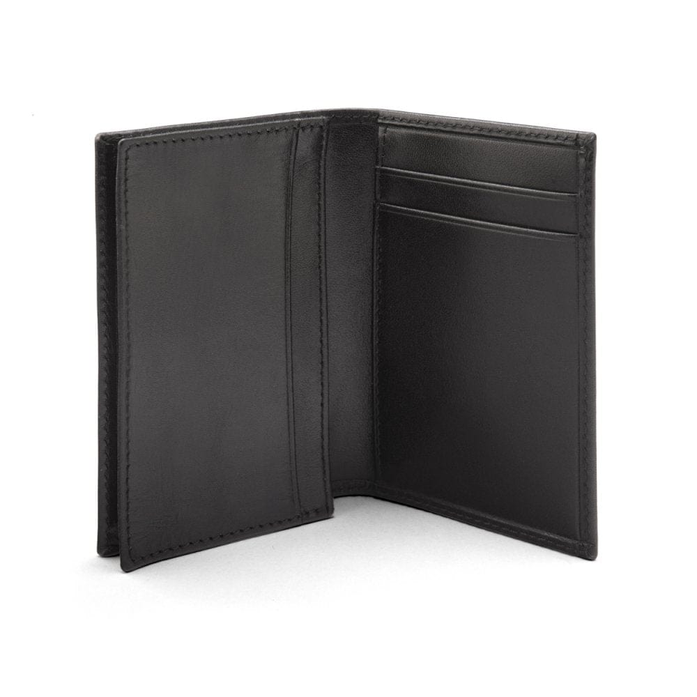 Expandable leather business card case, black, open