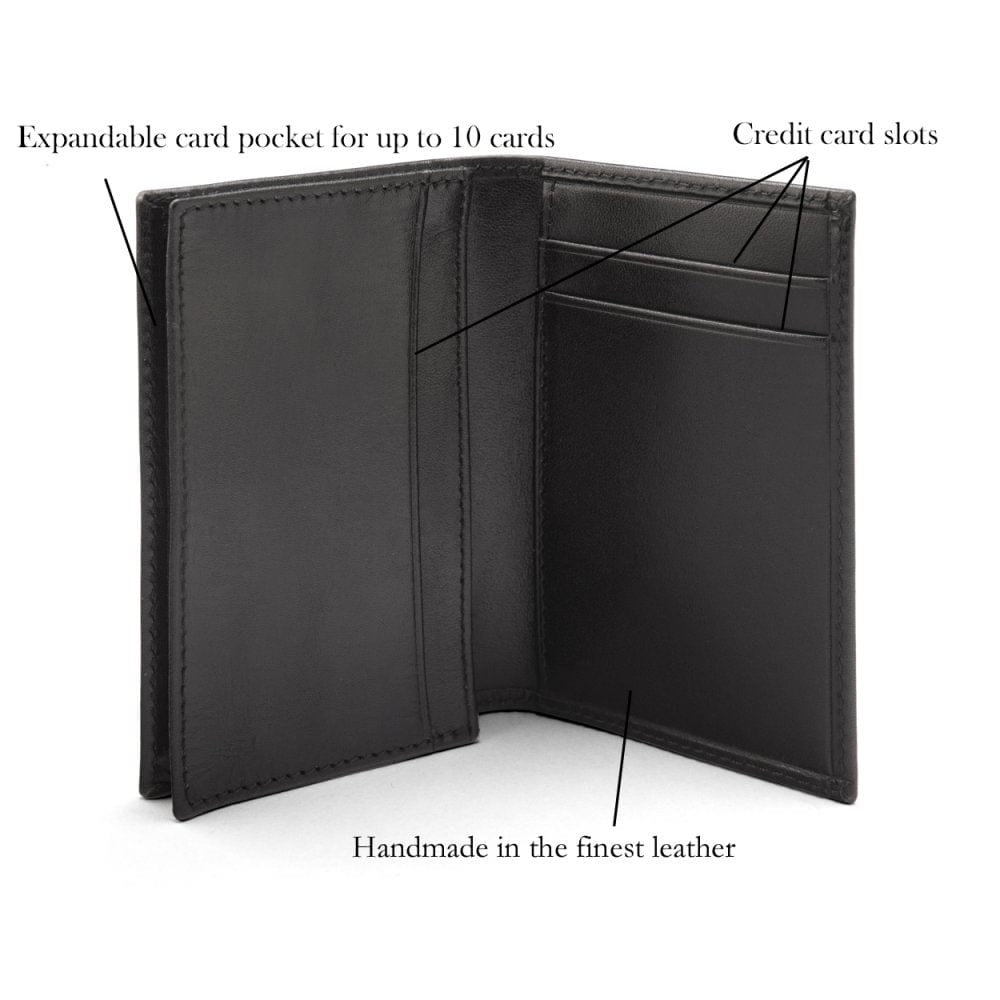 Expandable leather business card case, black, features