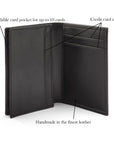 Expandable leather business card case, black, features