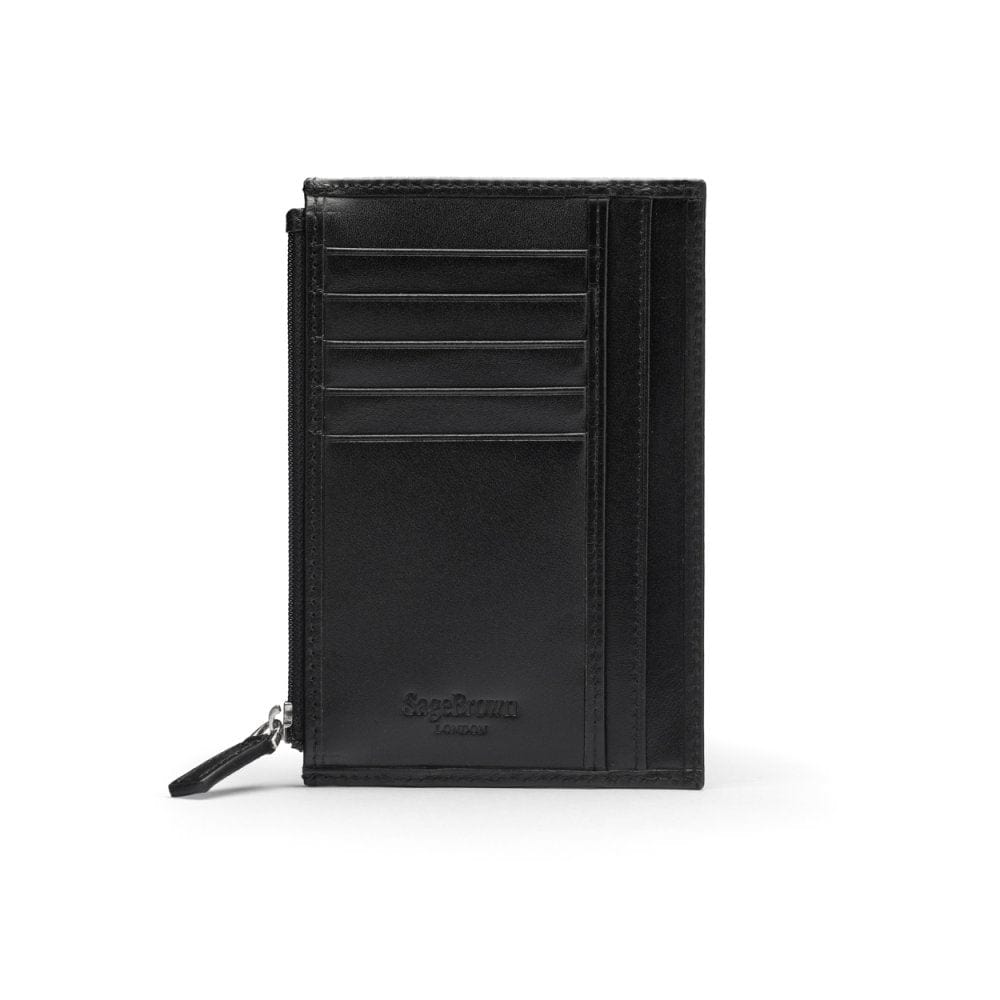 Flat leather card wallet with jotter and zip pocket, black, back