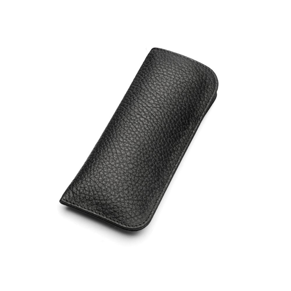Large leather glasses case, black pebble grain, front