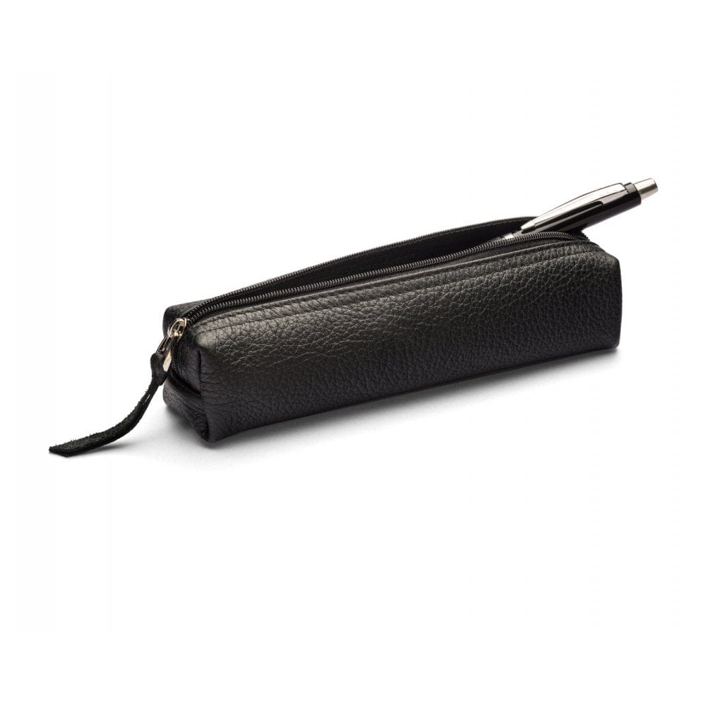 Leather pencil case, black, open