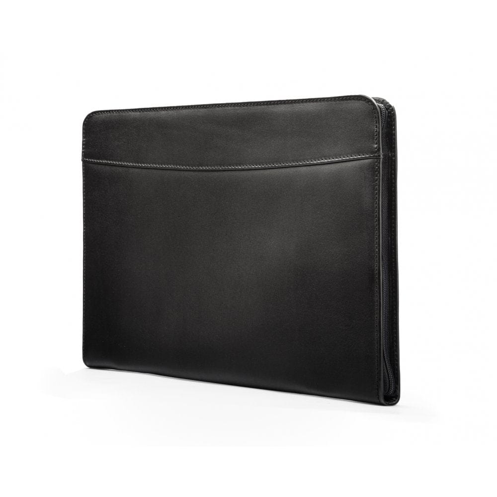 Leather A4 zip around document folder, black, side