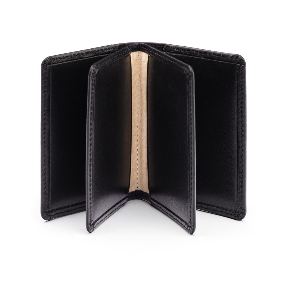 Leather bifold card wallet, black, open