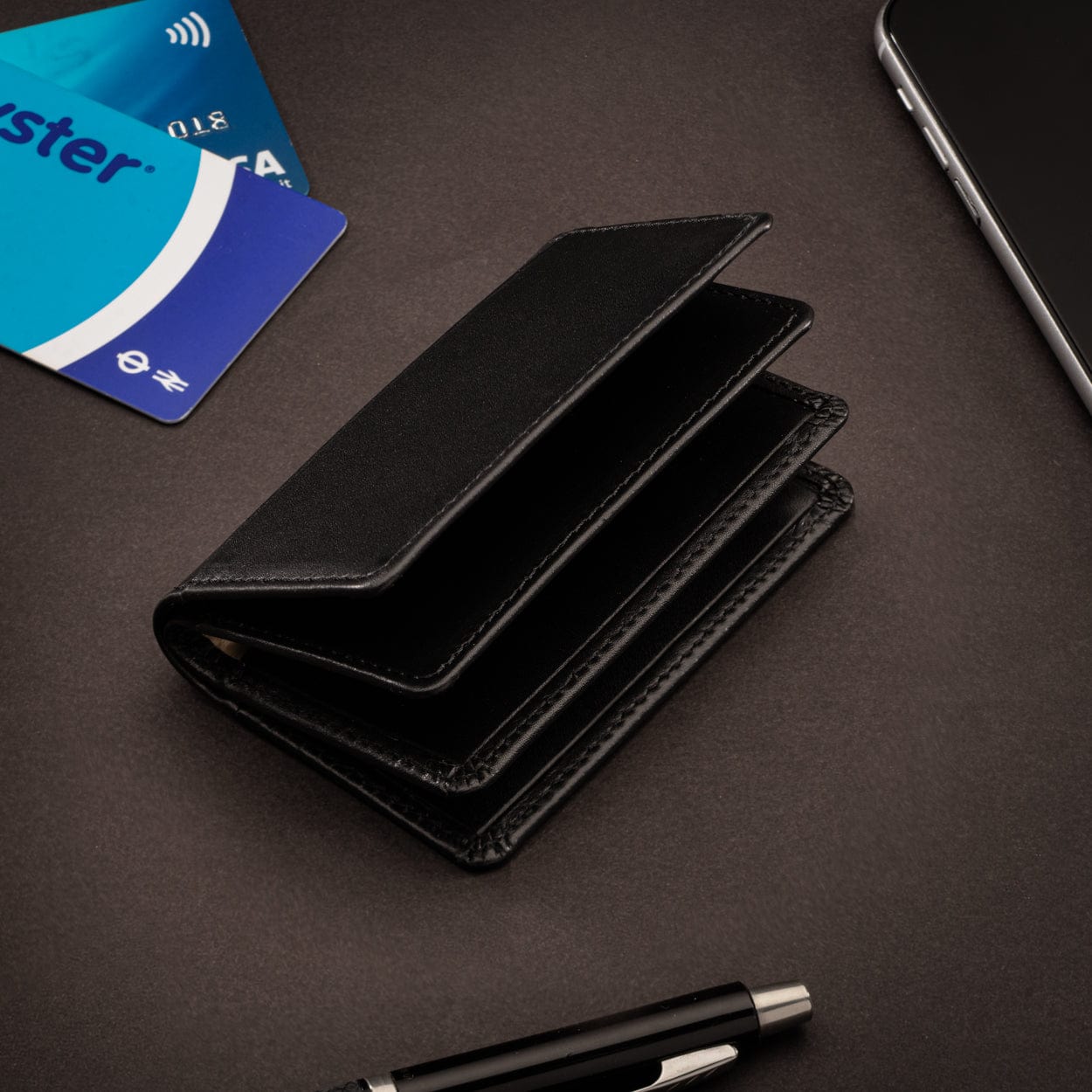 Leather bifold card wallet, black, lifestyle