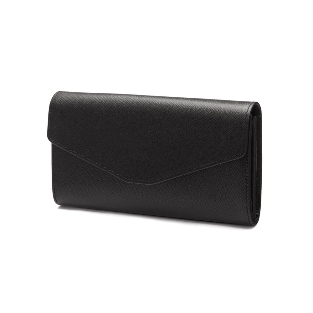 Leather accordion clutch purse with 12 card slots, black saffiano, front