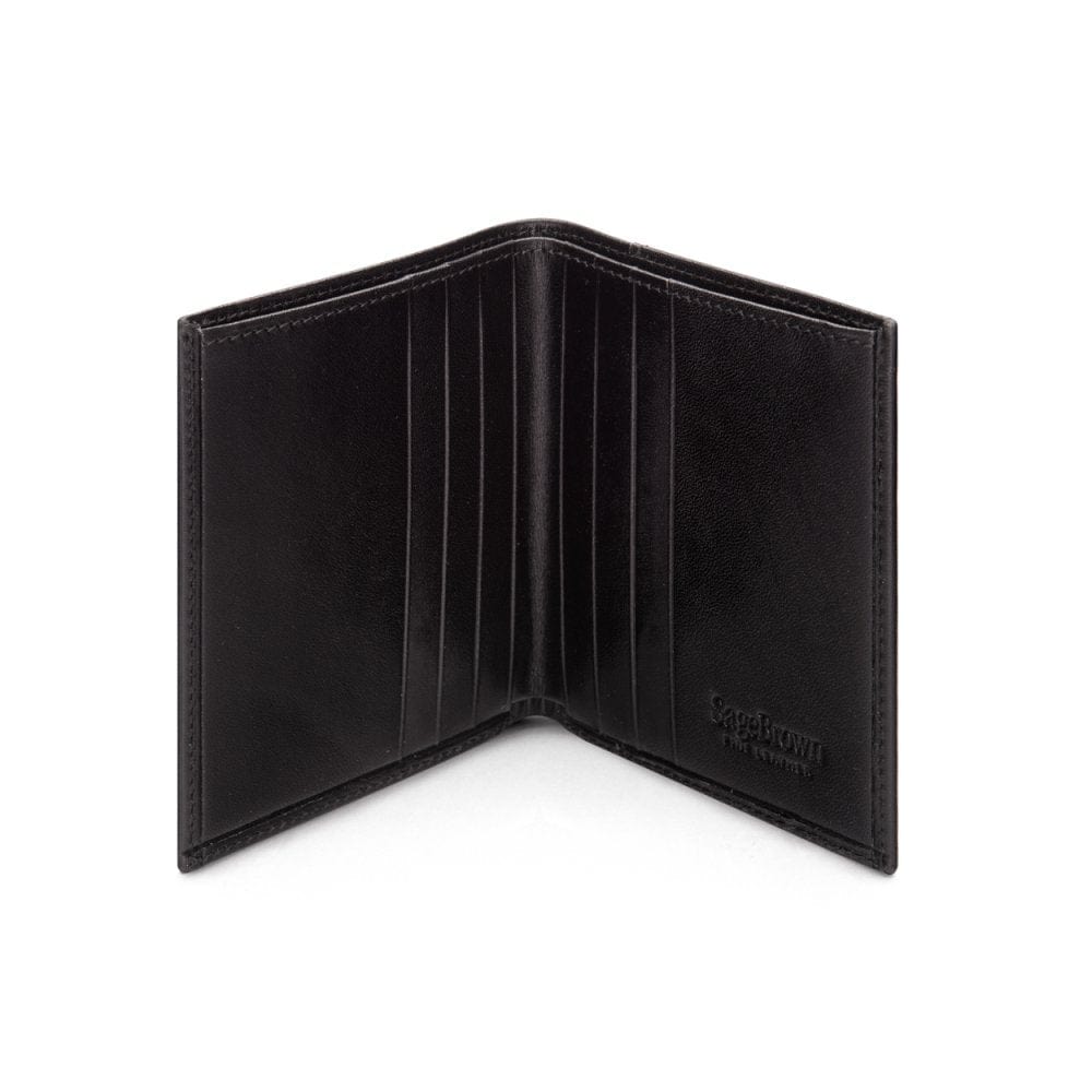 Leather compact billfold wallet 6CC, black, open