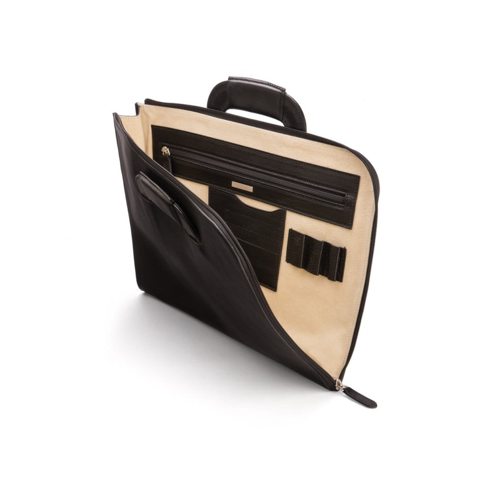 Leather document case with retractable handles, black, inside