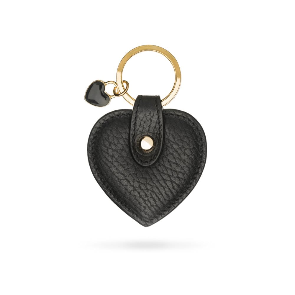 Leather heart shaped key ring, black, front