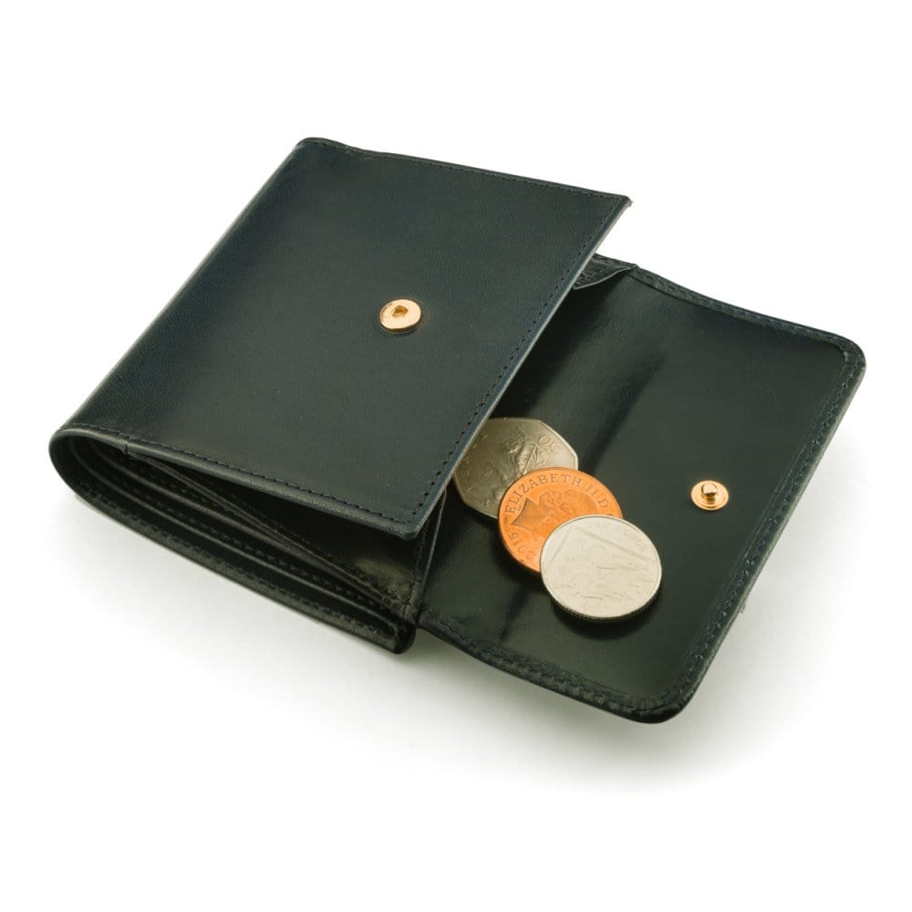 Leather purse with brass clasp, black, open