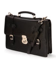 Leather Cambridge satchel briefcase with silver brass lock, black, side