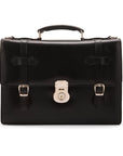 Leather Cambridge satchel briefcase with silver brass lock, black, front