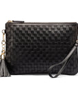 Leather woven cross body bag, black, front view