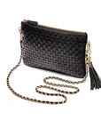 Leather woven cross body bag, black, with chain strap