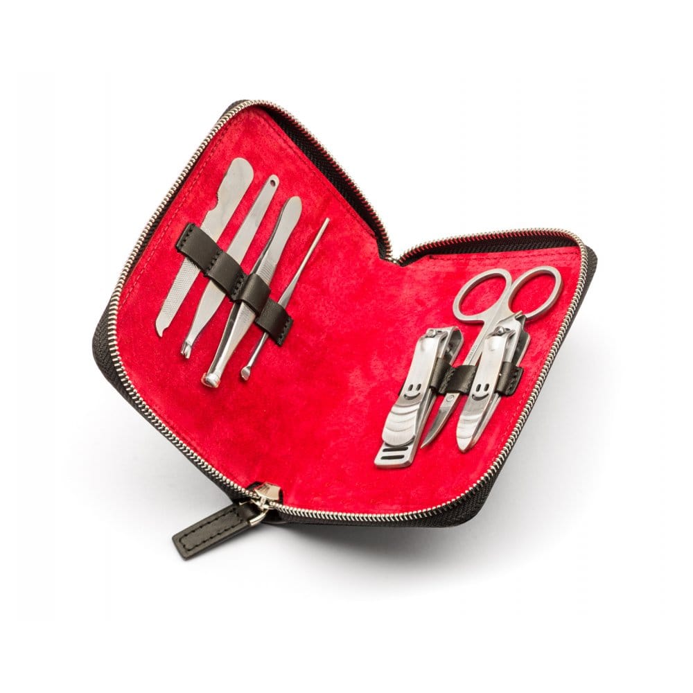 Leather zip around 7 piece manicure set, black, inside