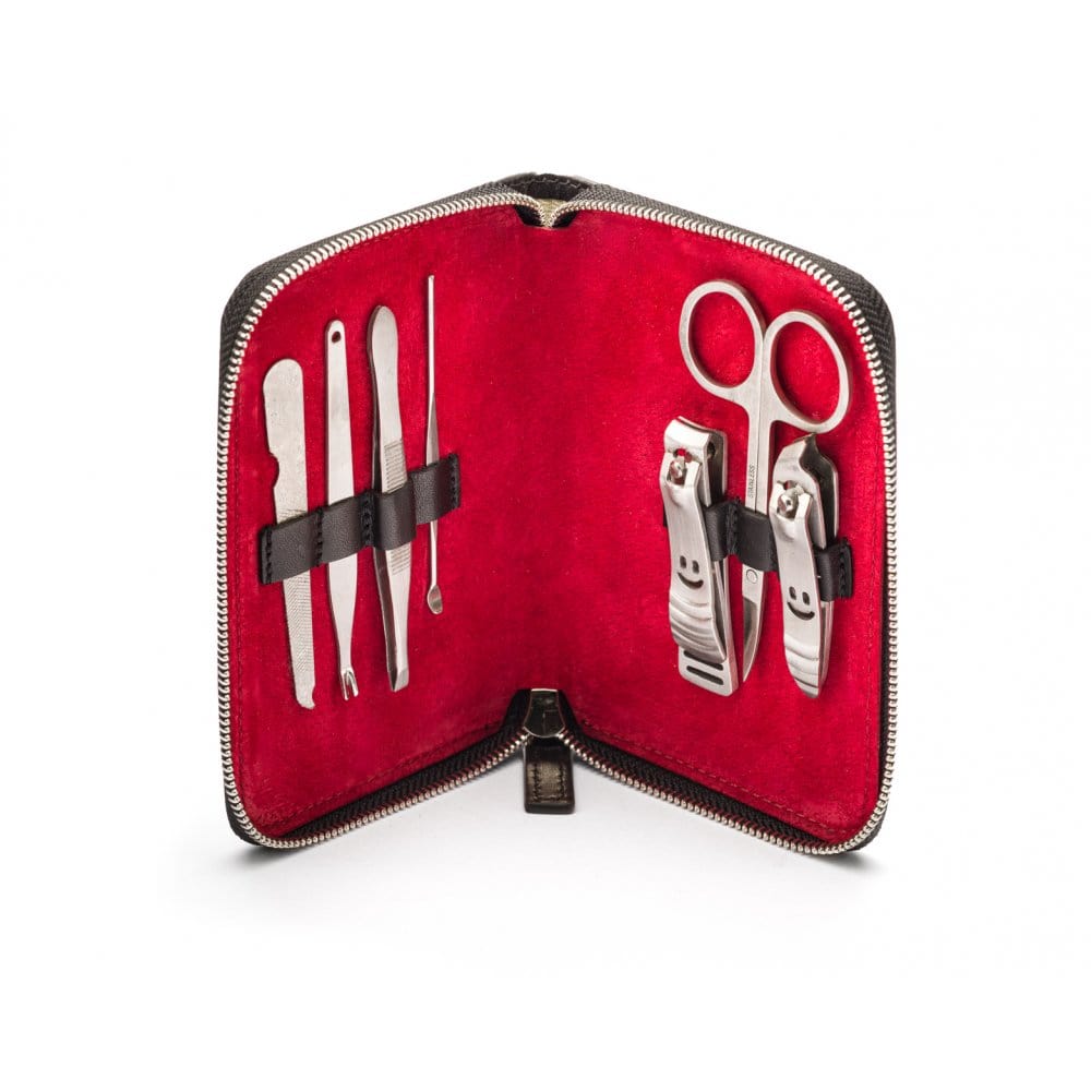 Leather zip around 7 piece manicure set, black, open