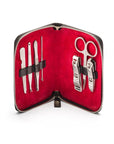 Leather zip around 7 piece manicure set, black, open